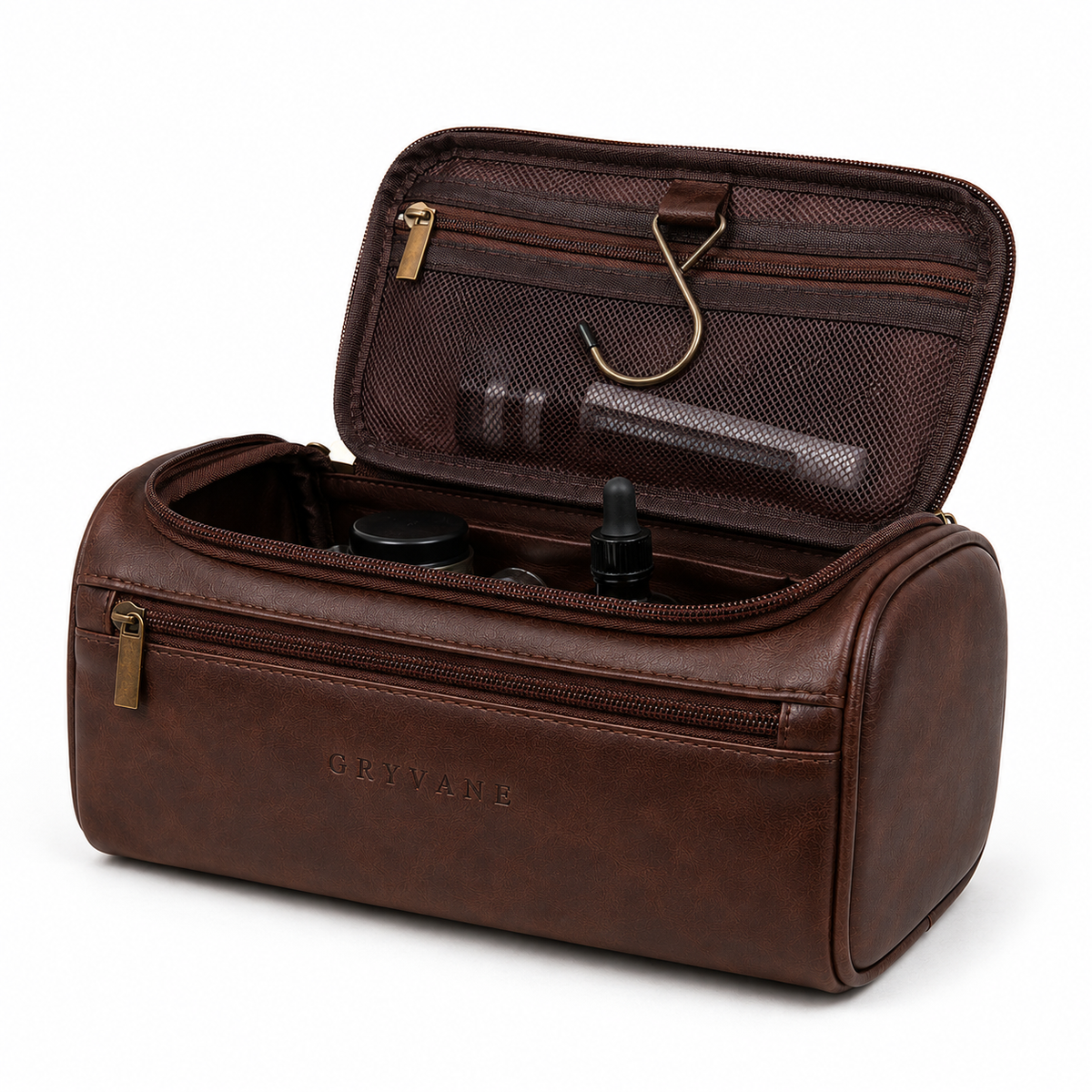 Faux Leather Travel Toiletry Bag with Hanging Hook – Brown