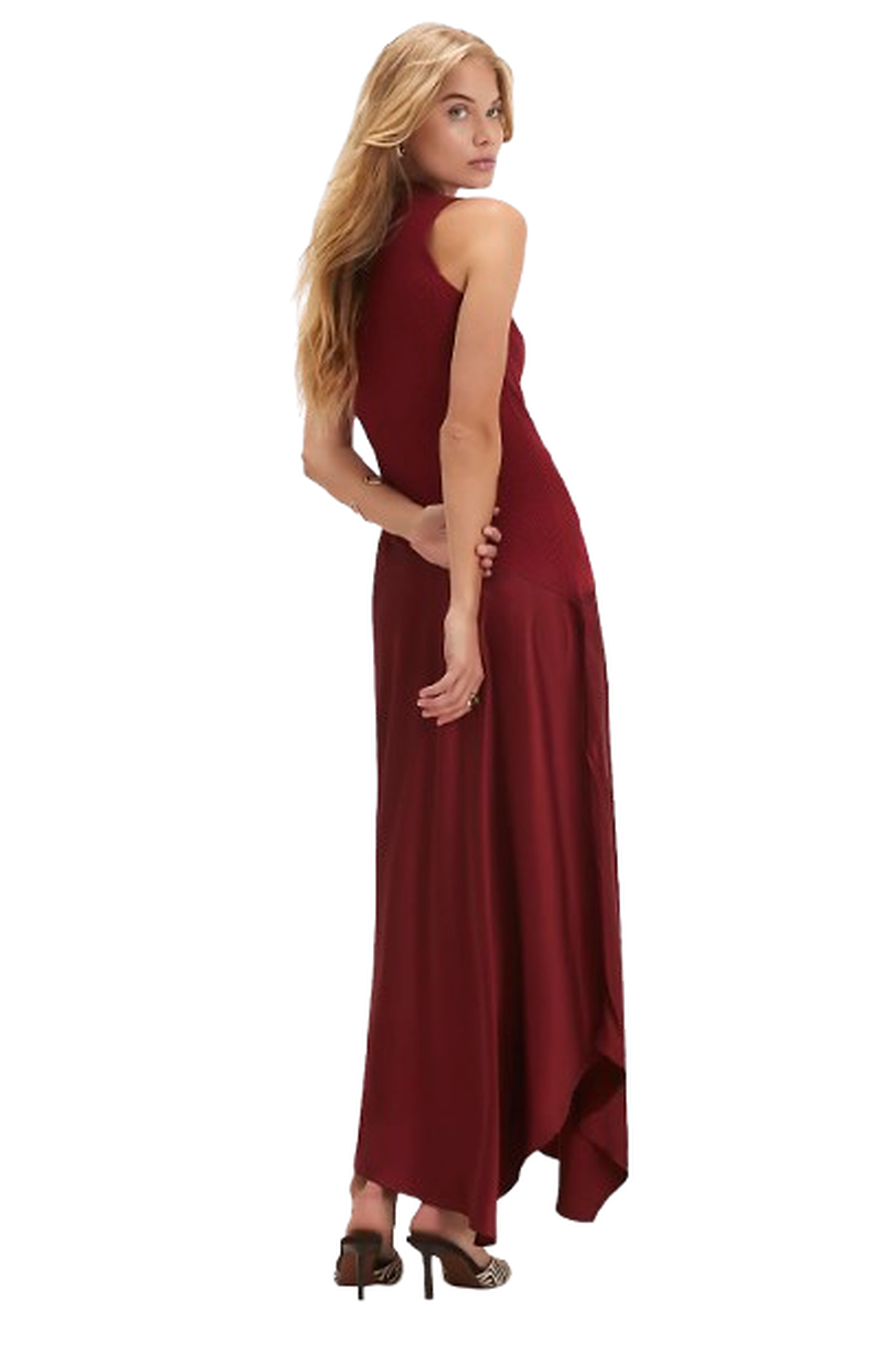 Khaki Hybrid Satin Knit Asymmetric Hem Dress – Elegant Women's Dress